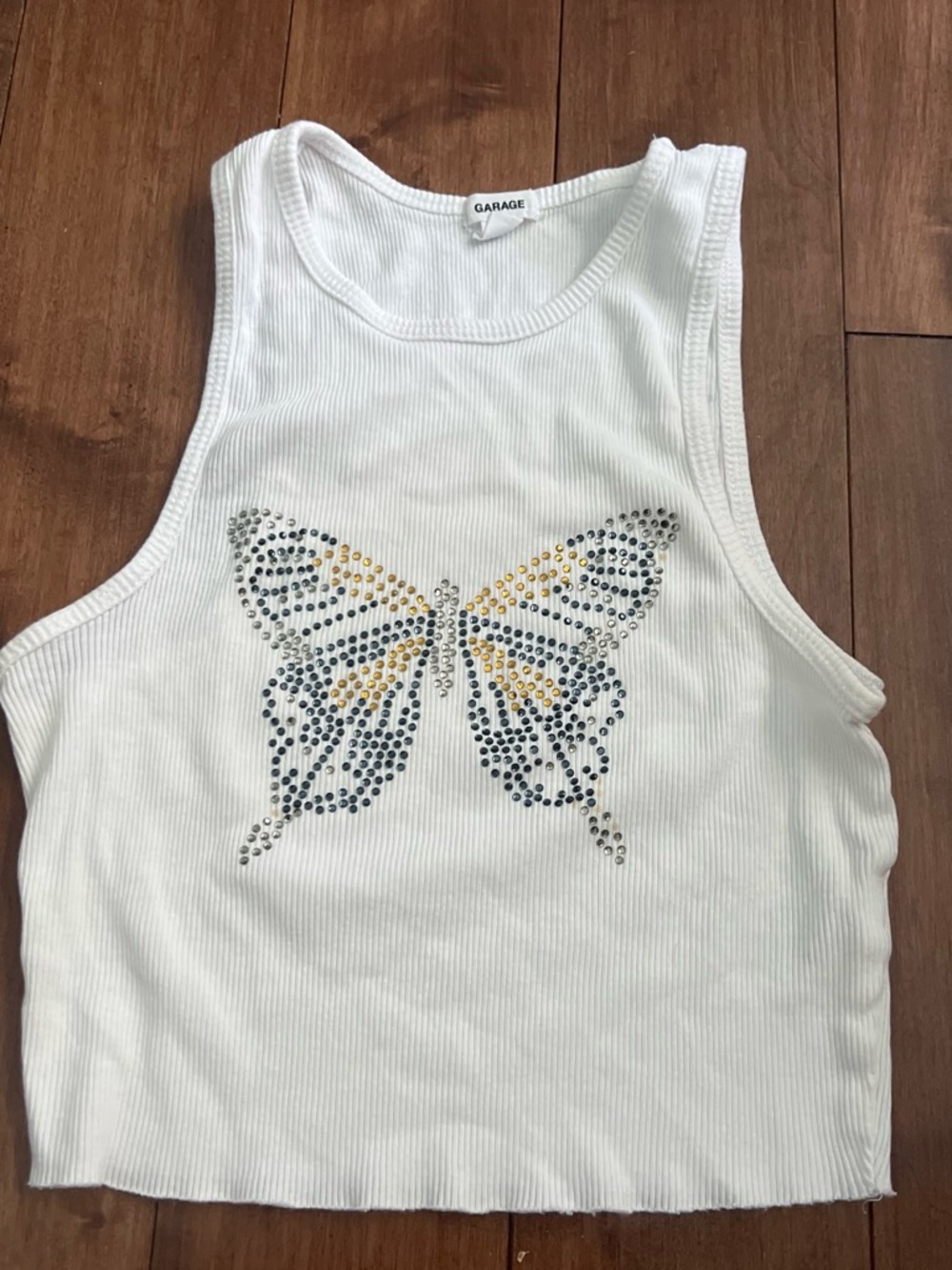 Garage White Ribbed Tank with Rhinestone Butterfly Accent